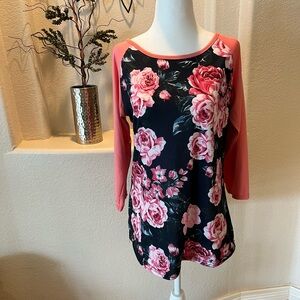 Color Block Long Baseball Tee Black Floral  Coral Pink Satin 3/4 Sleeves Medium